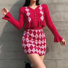 Retro Argyle Checkered Cardigan + Mini Knit Skirt