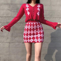 Retro Argyle Checkered Cardigan + Mini Knit Skirt