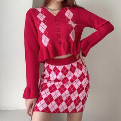 Retro Argyle Checkered Cardigan + Mini Knit Skirt