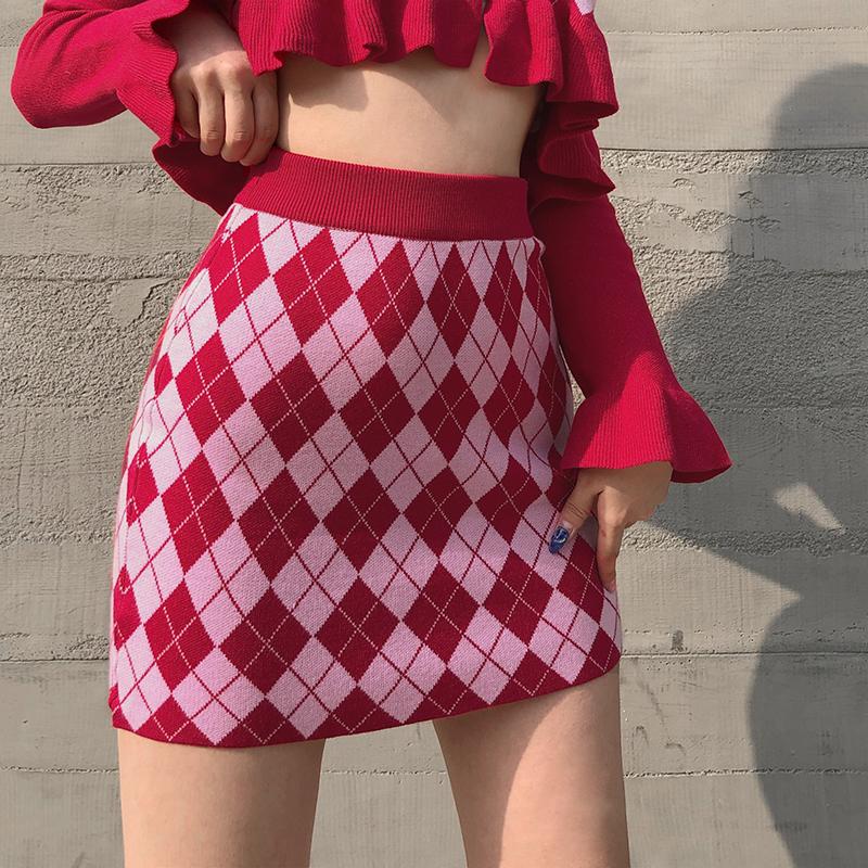 Retro Argyle Checkered Cardigan + Mini Knit Skirt