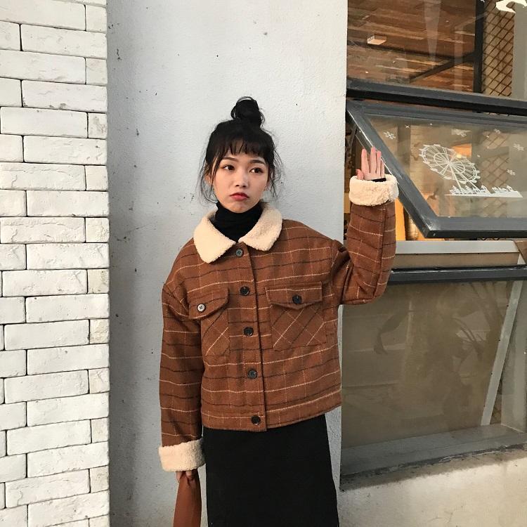 Retro Brown Gray Beige Plaid Fluffy Collar Jacket