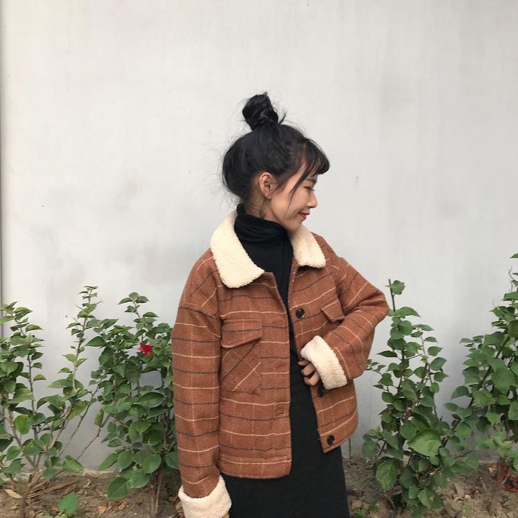 Retro Brown Gray Beige Plaid Fluffy Collar Jacket