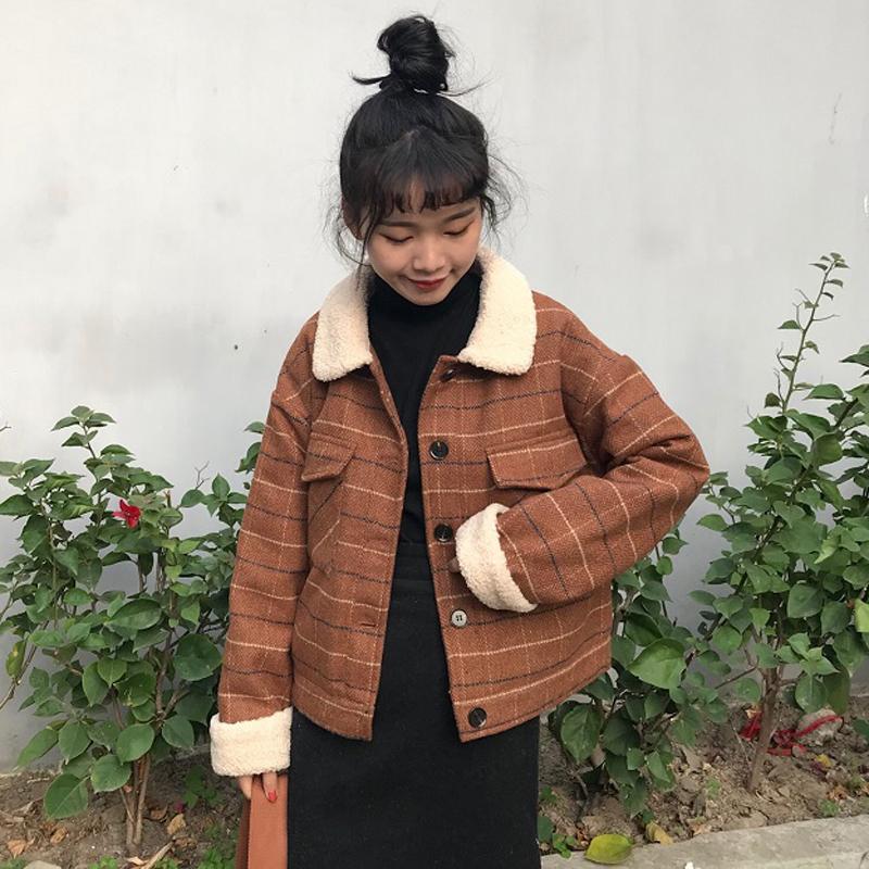 Retro Brown Gray Beige Plaid Fluffy Collar Jacket