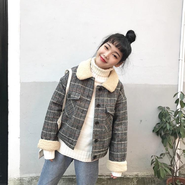 Retro Brown Gray Beige Plaid Fluffy Collar Jacket