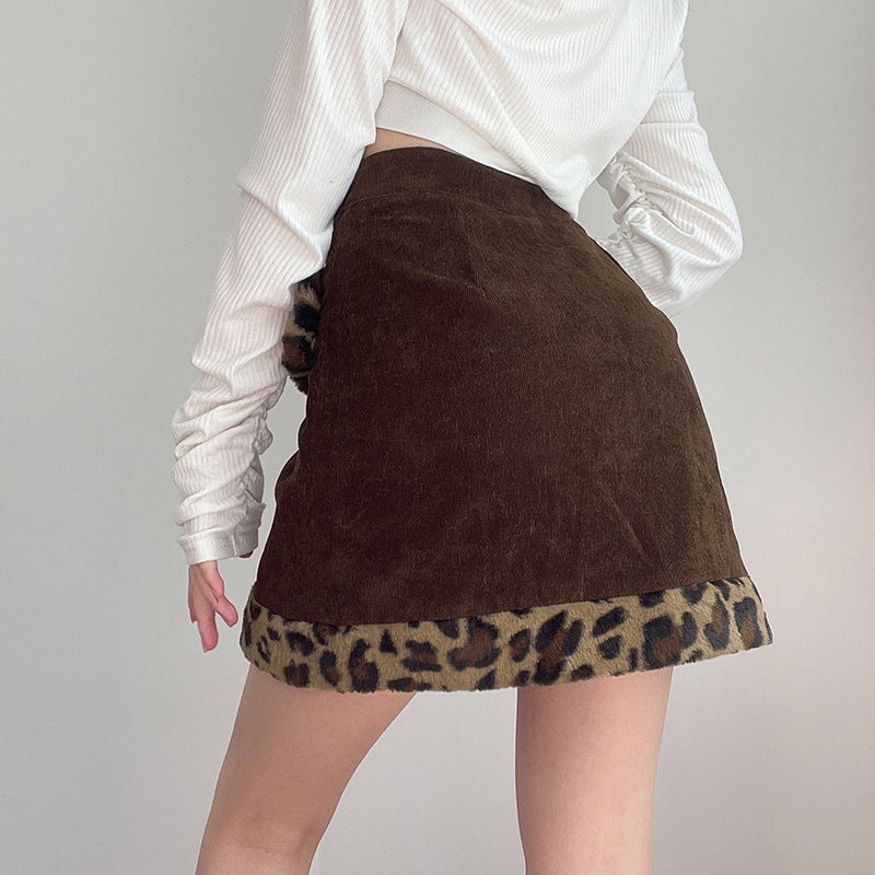 Retro Brown Leopard Faux Fur Pocket Edges Mini Skirt