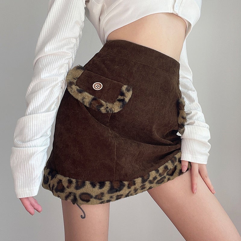 Retro Brown Leopard Faux Fur Pocket Edges Mini Skirt