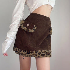 Retro Brown Leopard Faux Fur Pocket Edges Mini Skirt