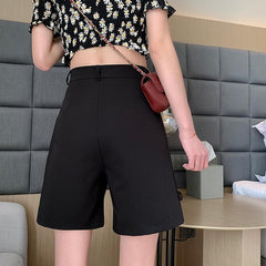 Retro Casual Elegant Suit High Waist Loose Black Shorts