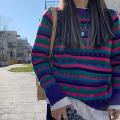 Retro Colorful Pattern Thin Knit Pullover Sweater