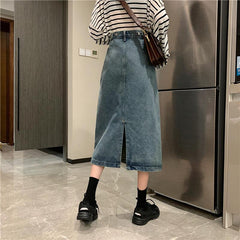 Retro Denim High Waist Mid Loose Skirt