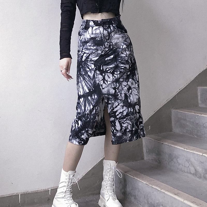 Retro Ink Tie Dye Print High Waist Midi Skirt