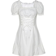 Retro Lace Up Waist Ruffles Mini White Dress