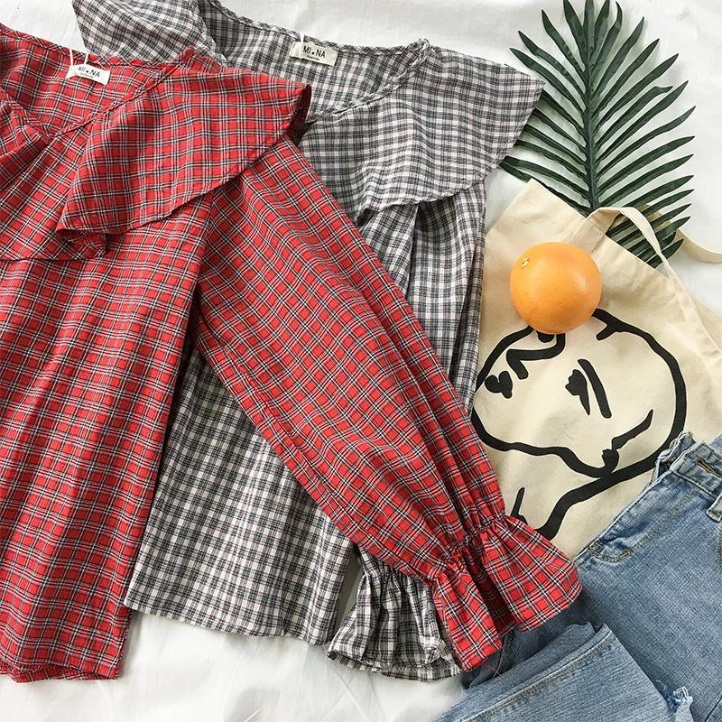 Retro Plaid Cute Big Flared Cuffs Collar Blouse