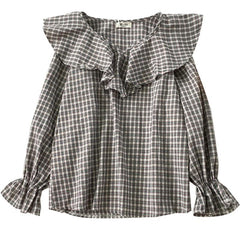 Retro Plaid Cute Big Flared Cuffs Collar Blouse