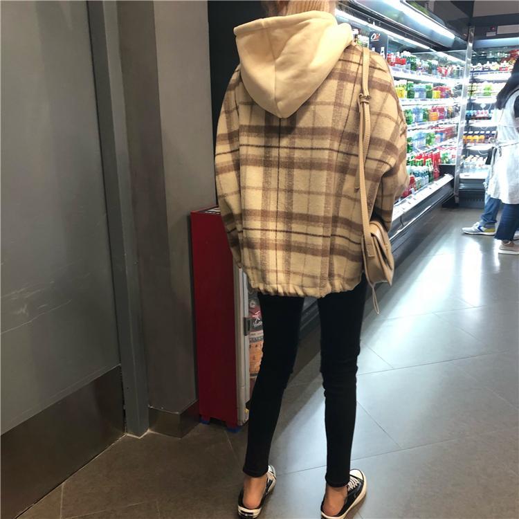 Retro Plaid Gray Beige High Collar Hooded Jacket