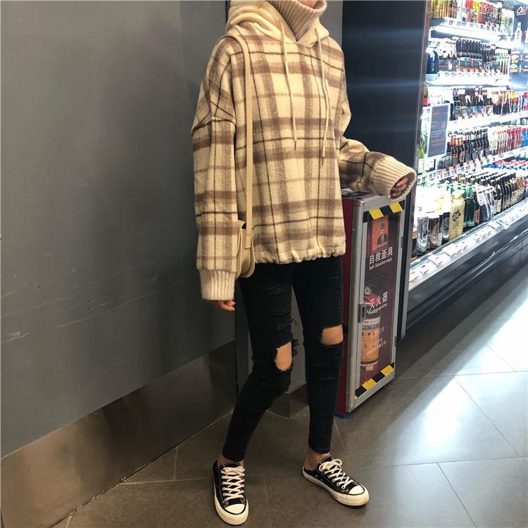 Retro Plaid Gray Beige High Collar Hooded Jacket