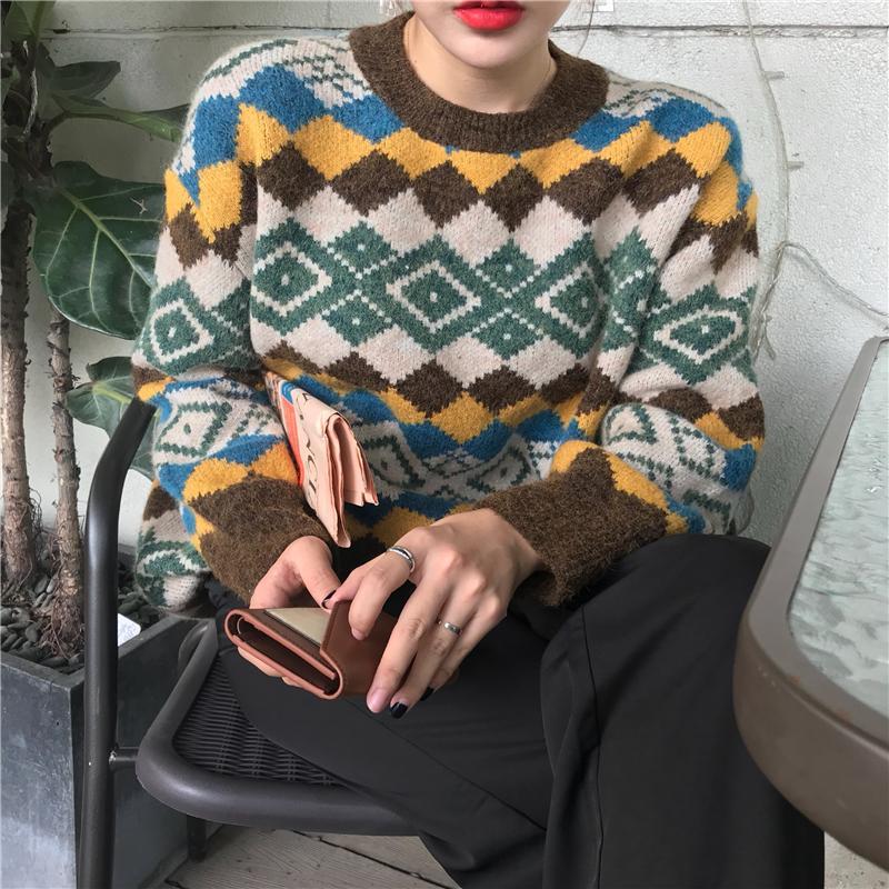 Retro Rhombic Rustic Colorful Pattern Sweater