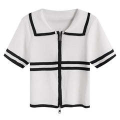 Retro Striped Polo Collar Zipper Knit Cardigan Sweater