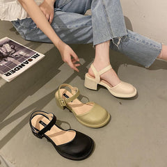 Retro Summer Aesthetic Round Toe Pu Mid-Heel Sandals