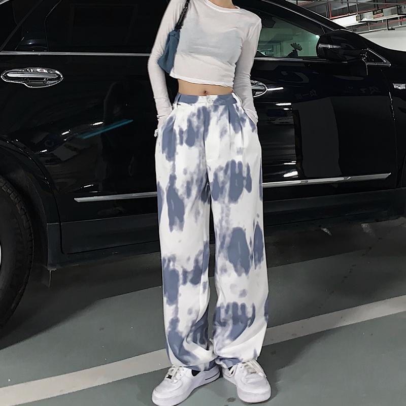 Retro Tie Dye Print Loose High Waist White Pants