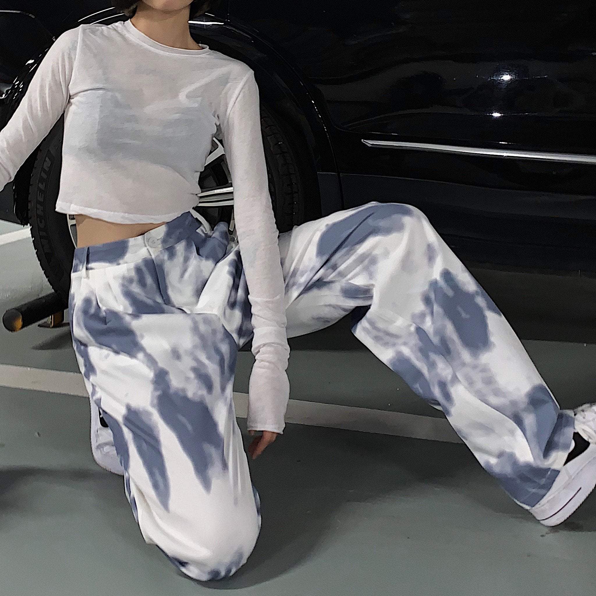 Retro Tie Dye Print Loose High Waist White Pants