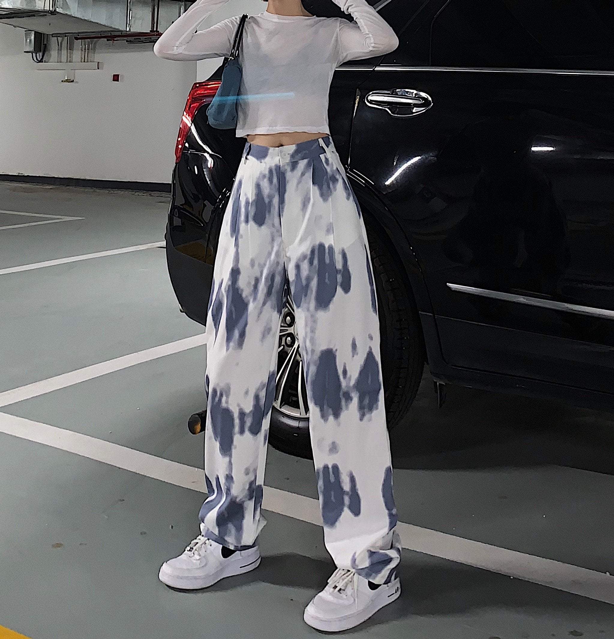 Retro Tie Dye Print Loose High Waist White Pants