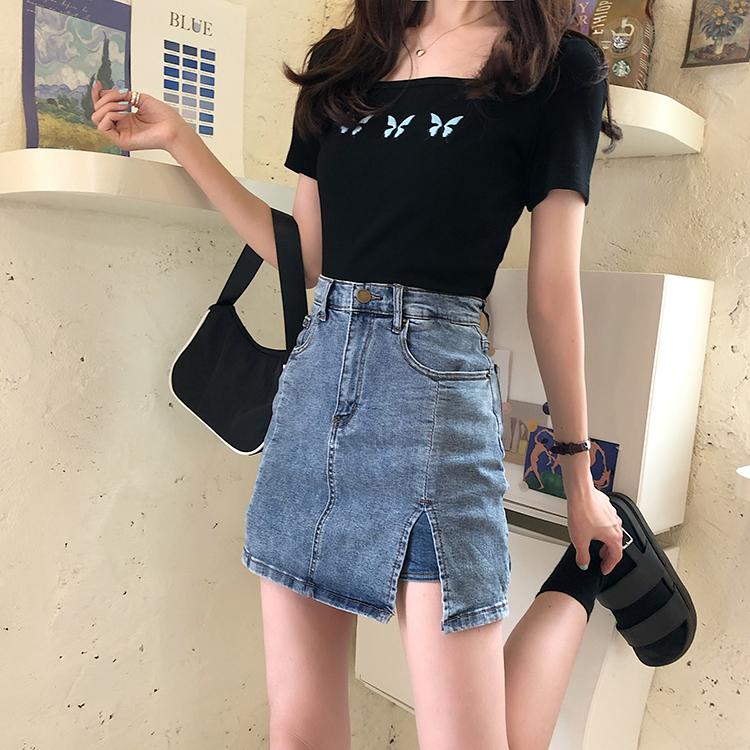 Retro Washed Blue Denim Hidden Shorts Mini Skirt