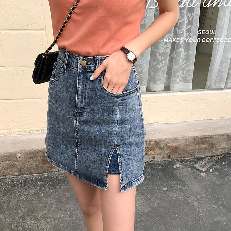 Retro Washed Blue Denim Hidden Shorts Mini Skirt