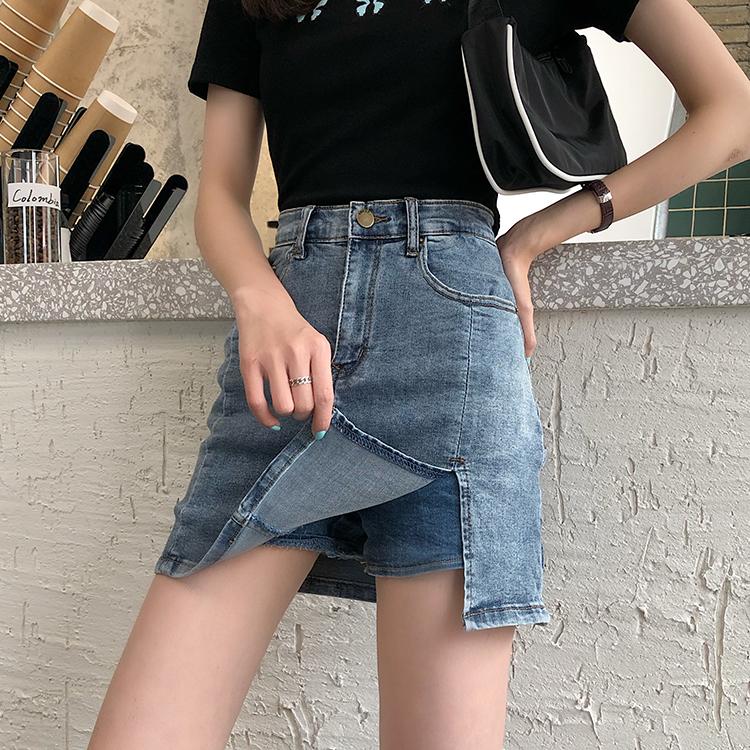 Retro Washed Blue Denim Hidden Shorts Mini Skirt