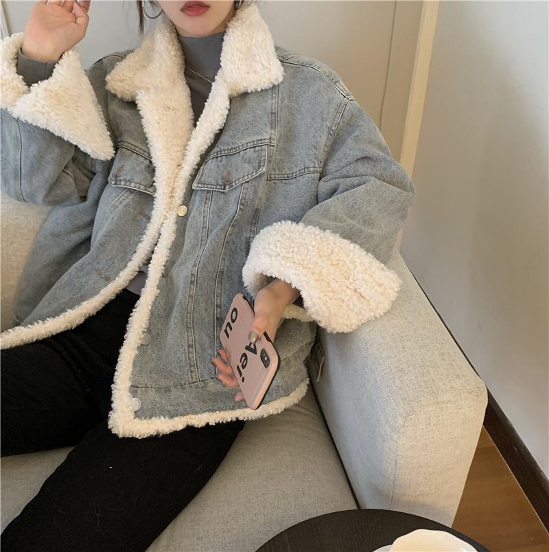 Retro Washed Blue Gray Faux Fur Loose Denim Jacket