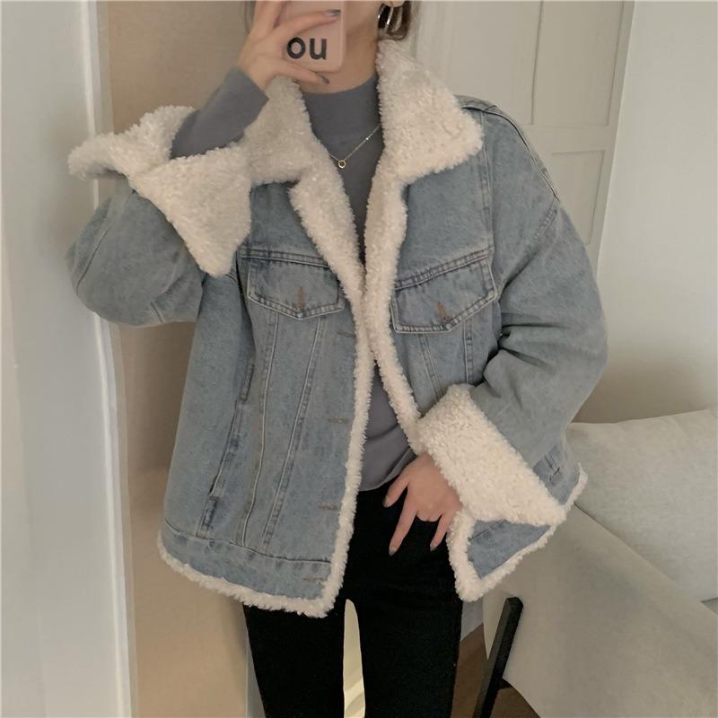 Retro Washed Blue Gray Faux Fur Loose Denim Jacket