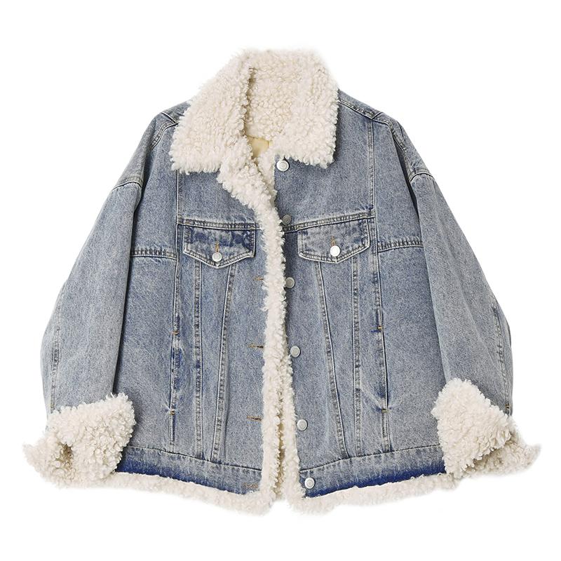 Retro Washed Blue Gray Faux Fur Loose Denim Jacket