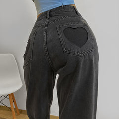 Retro Washed Gray Gradient Heart Cutout Pockets Pants