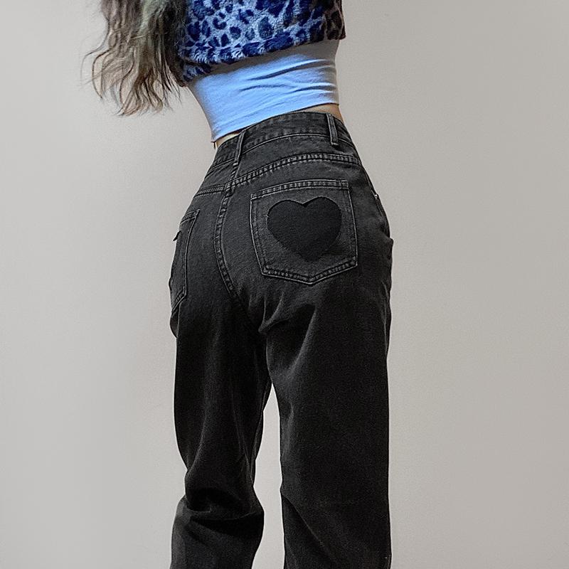 Retro Washed Gray Gradient Heart Cutout Pockets Pants