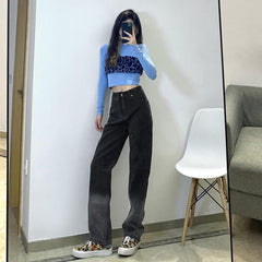 Retro Washed Gray Gradient Heart Cutout Pockets Pants