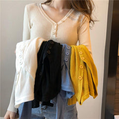 Ribbed Slim Buttons V-Neck Long Sleeve Shirt