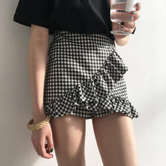 Ruffled High Waist Plaid Short Skirt