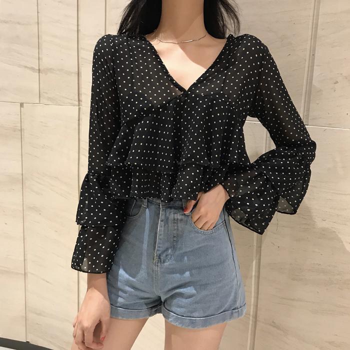 Ruffled Light Dotted Black V-Neck Short Blouse