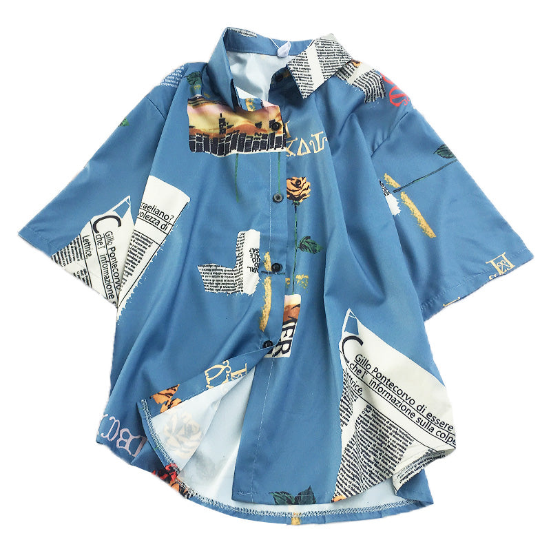 Sale Aesthetic Turn Down Collar Short Sleeve Blue Shirt