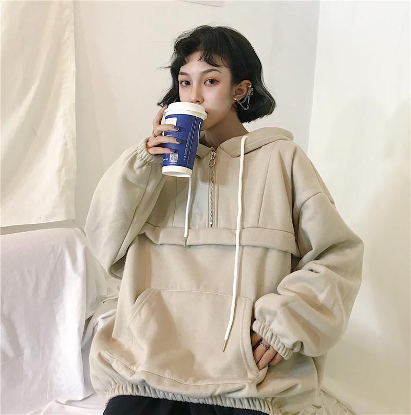 Sale Apricot Soft Aesthetic Warm Loose Anorak Hoodie