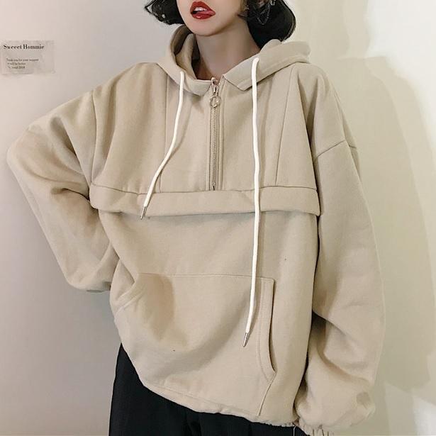 Sale Apricot Soft Aesthetic Warm Loose Anorak Hoodie