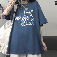 Sale Bear Not To Be Print Dark Blue Loose Shirt