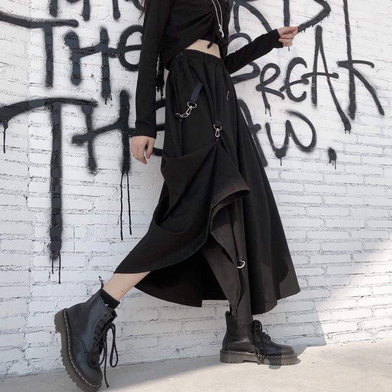 Sale Black Goth Aesthetic Metal Ring Long Skirt