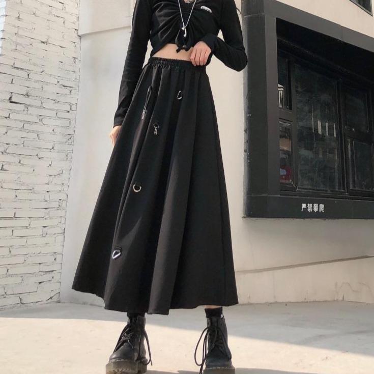 Sale Black Goth Aesthetic Metal Ring Long Skirt