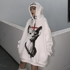 Sale Cat Printed Goth Aesthetic Oversized White Hoodie