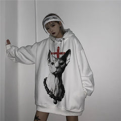 Sale Cat Printed Goth Aesthetic Oversized White Hoodie