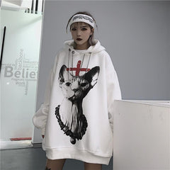 Sale Cat Printed Goth Aesthetic Oversized White Hoodie