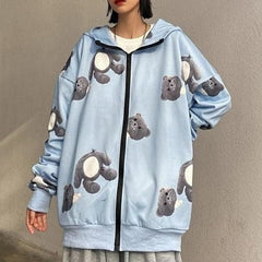 Sale Creepy Bear Print Oversized Zipper Blue Hoodie