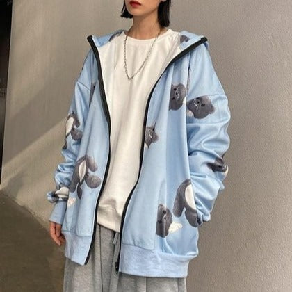 Sale Creepy Bear Print Oversized Zipper Blue Hoodie