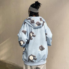 Sale Creepy Bear Print Oversized Zipper Blue Hoodie